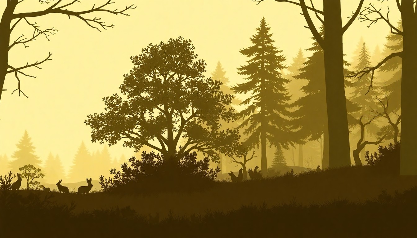 An extremely abstracted, out-of-focus photograph in soft pools of warm color and light, depicting the silhouettes of trees, bushes, and small woodland creatures like rabbits, foxes, and skunks, conceptually representing the gentle, nature-focused storytelling that shaped attitudes about environmental preservation.