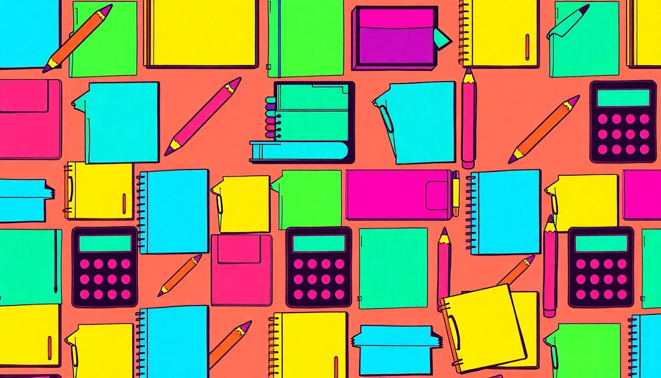 A vibrant, high-contrast silkscreen print of a single school supply item like a pencil or calculator repeated in a grid pattern, capturing the energy and anticipation of the upcoming JAMB UTME exams.