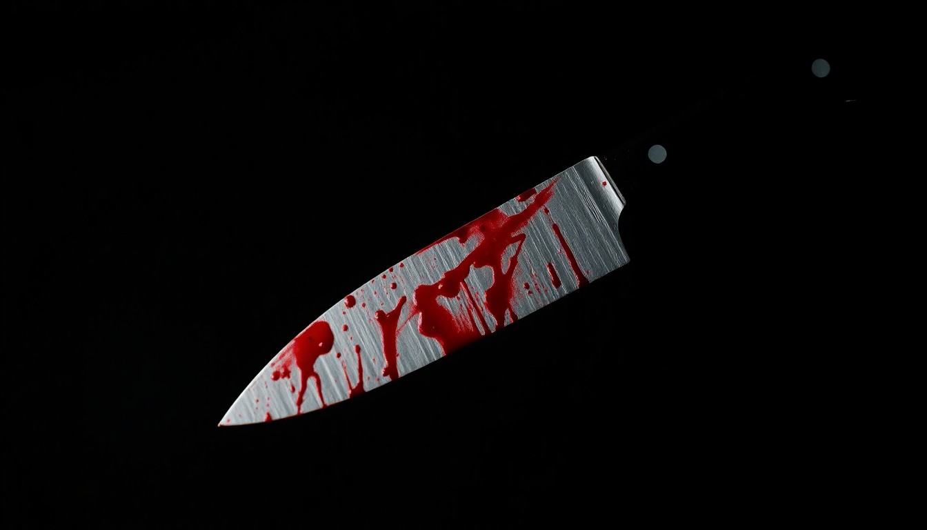 An extreme close-up of a bloodied knife, the harsh flash illuminating the gritty, dramatic details of the crime scene evidence.