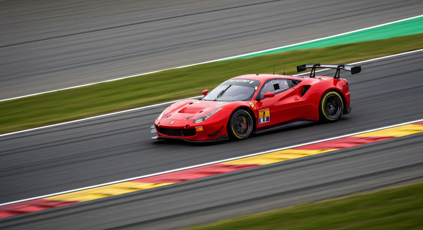 An abstract, motion-blurred image of a Ferrari 296 GT3 race car speeding through a racetrack, with vibrant streaks of red, black, and yellow conveying a sense of raw power and speed.