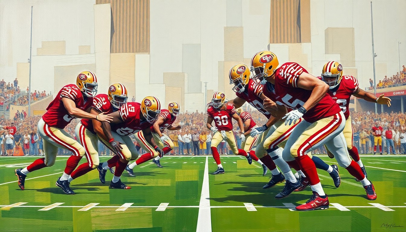 A cubist-style painting depicting the San Francisco 49ers' offensive line in a fragmented, geometric style, capturing the complexity of the team's left tackle dilemma as they prepare for the future.