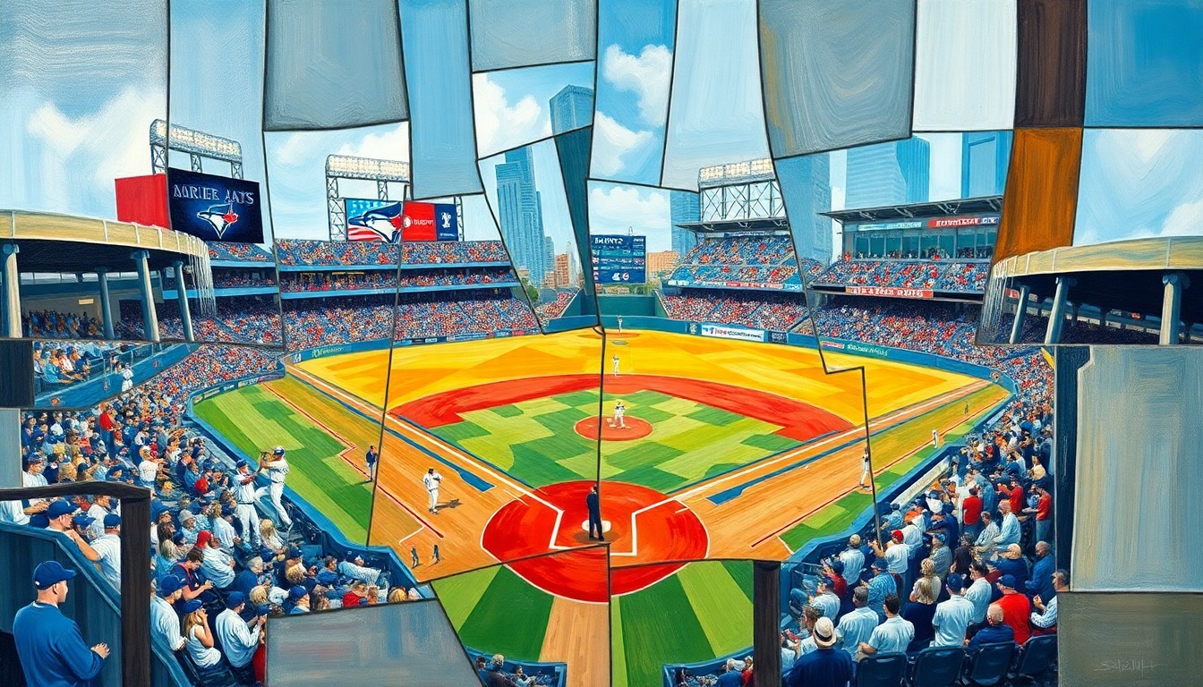 A cubist, geometric painting depicting a baseball game or match, with the players and field broken down into sharp, overlapping planes of color and shape, conveying the dynamic energy and unpredictability of the sport.