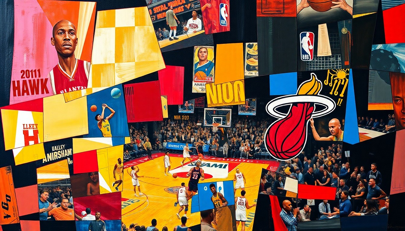 A cubist-style painting depicting fragmented, overlapping geometric shapes in shades of orange, red, and blue, representing the action and energy of a basketball game between two teams.