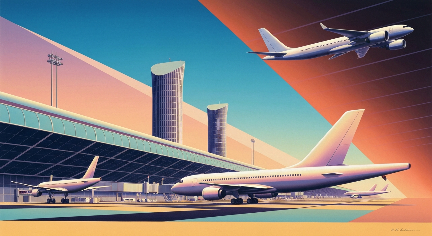 A bold, geometric illustration in the Art Deco style, depicting the sweeping, monumental scale of an airport terminal or runway, with smooth gradients and streamlined forms, conveying the drama and uncertainty of an aviation incident.