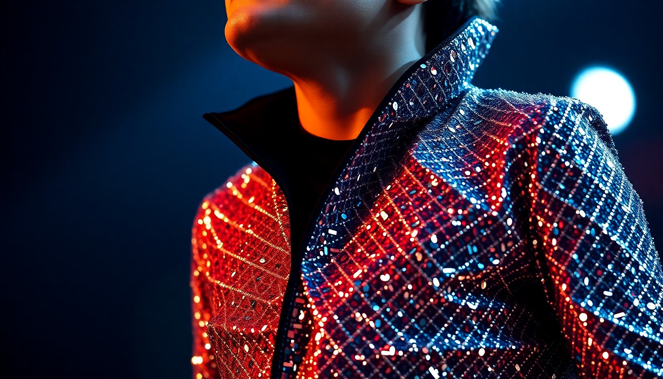 An extreme close-up photograph of a shimmering, sequined fabric texture in dramatic, high-contrast studio lighting, conceptually representing the glamour and visual flair of Bruno Mars' live performances.