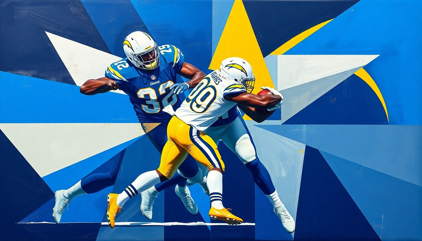 A fragmented, geometric painting depicting a Chargers defensive play, with Derwin James' figure broken down into overlapping shapes and planes in shades of blue and gold.