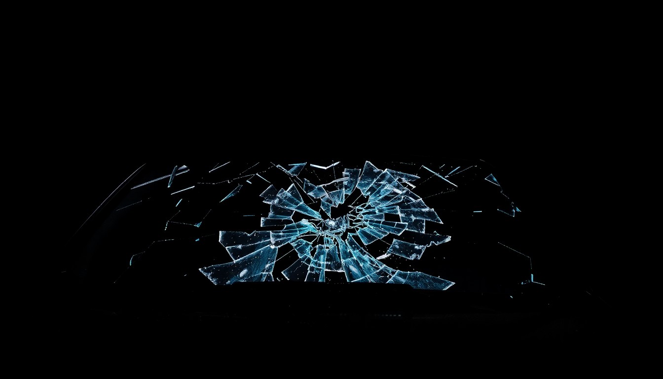 An extreme close-up photograph of a shattered car windshield against a pitch-black background, lit by a harsh, direct camera flash, conceptually representing the gritty, investigative nature of a crime scene without depicting any violence or victims.