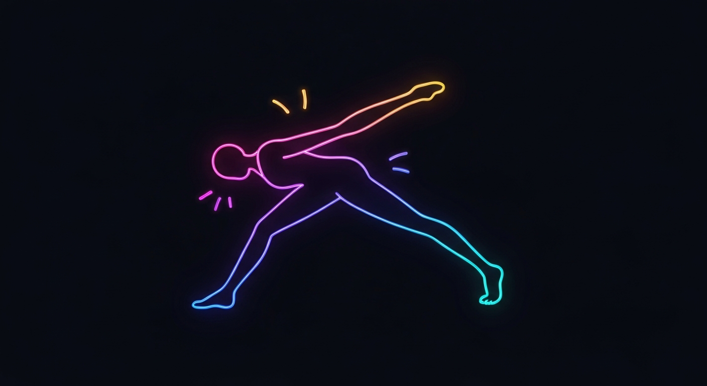 A glowing neon outline of a person in a Pilates pose, set against a dark background, conceptually representing the energy and movement of a wellness journey.