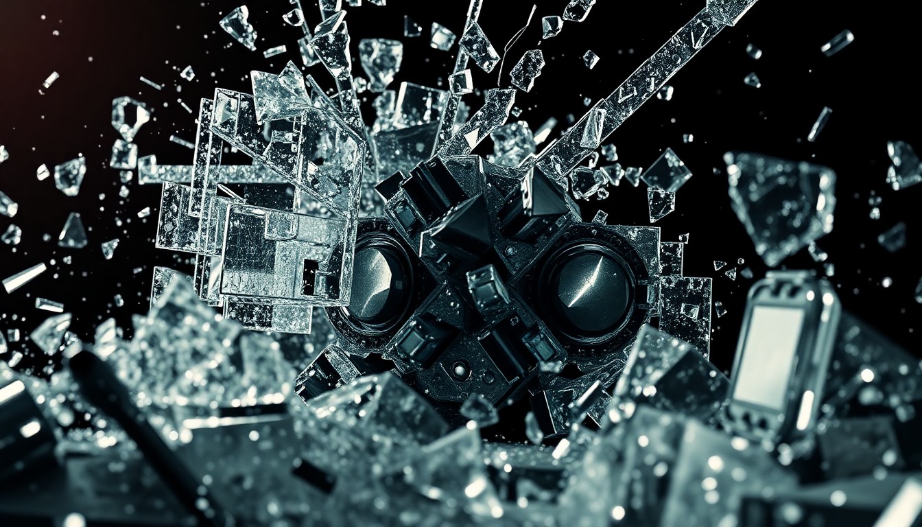 An abstract close-up image of shattered glass and crumpled metal, captured in dramatic, high-contrast lighting to convey the intensity and chaos of war without depicting any specific people or places.