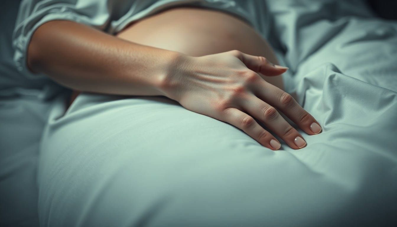 An abstract close-up photograph of a pregnant woman's hand resting on a hospital bed sheet, the soft skin and delicate veins contrasting with the crisp, sterile linens and creating a sense of intimacy and vulnerability.