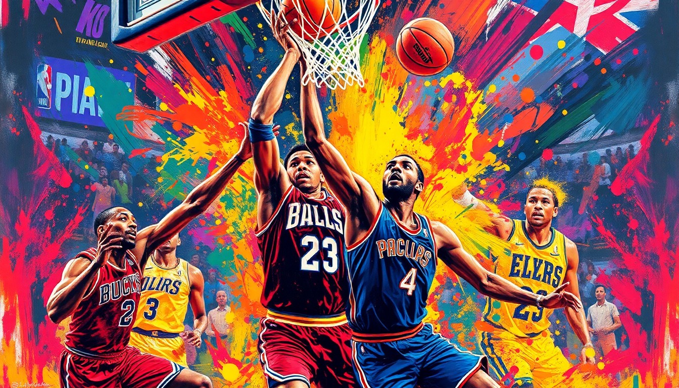 An abstract, energetic painting in neon colors depicting the frenetic movements and scoring plays of an NBA basketball game, with players' forms dissolving into vibrant brushstrokes.