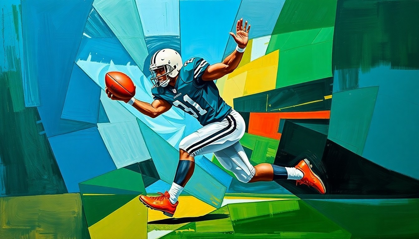 A cubist-style painting depicting a football player in motion, their body broken down into overlapping geometric shapes in shades of blue, green, and orange, conveying the dynamic energy of the sport.