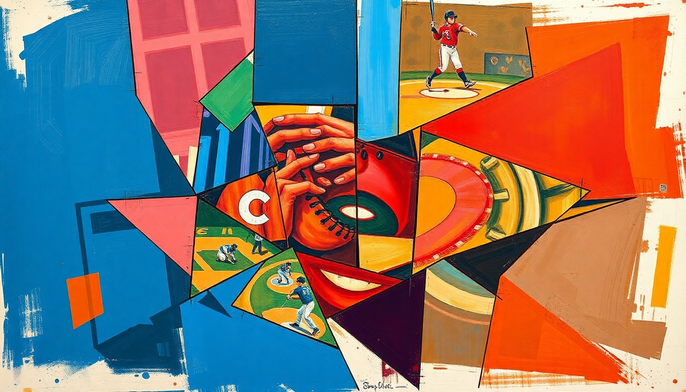A cubist-style painting depicting the various elements of player development - scouting, drafting, coaching, and on-field performance - broken down into geometric shapes and planes of color, conveying the complexity and interconnectedness of the process.