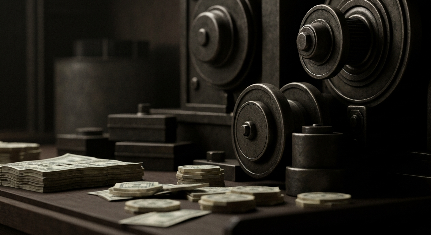 An extreme close-up of gears, levers, and other heavy industrial components that make up the inner workings of a modern banking system, conveying the tangible, mechanical nature of Chicago's financial backbone.