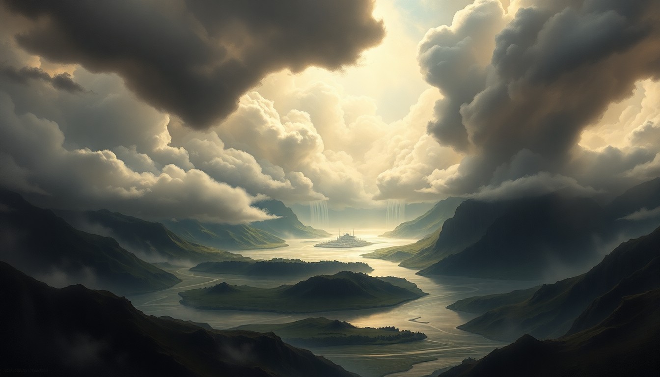 A vast, majestic landscape painting in muted tones of gray, blue, and green, depicting a flooded Hawaiian valley with a distant dam barely visible, dwarfed by the sweeping, dramatic clouds and heavy rainfall, conveying the sublime power of the natural disaster.