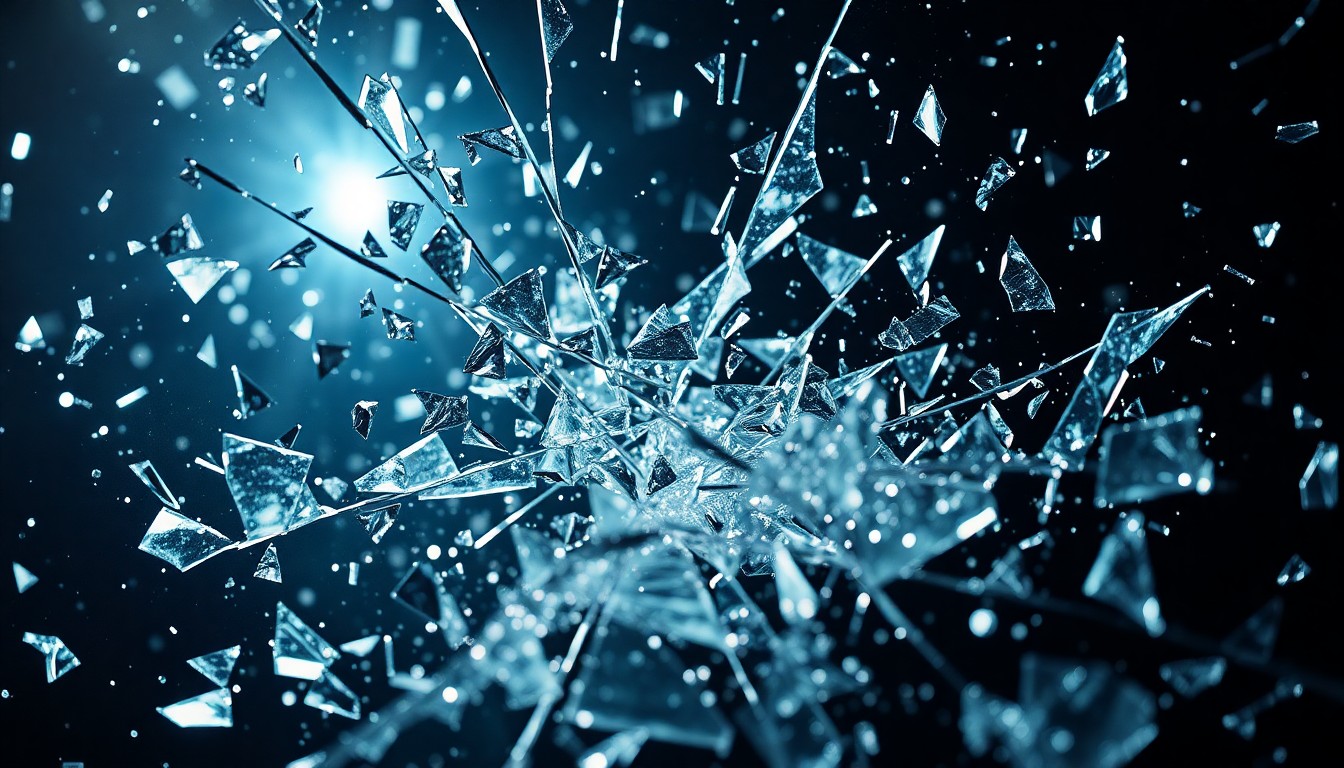 An extreme close-up of shattered glass and glittering shards in dramatic high-contrast studio lighting, conceptually representing the fractured nature of the film's controversial subject matter.