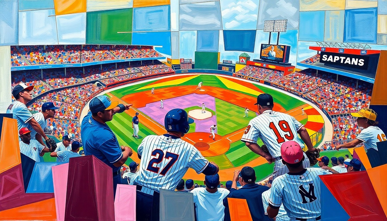 A cubist, geometric painting depicting a fragmented baseball game, with sharp overlapping planes of color representing the players and field of play.