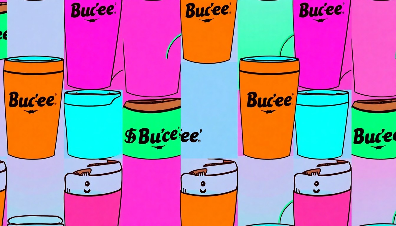 A vibrant, high-contrast silkscreen print of a Buc-ee's travel mug or snack item repeated in a grid pattern, conceptually representing the arrival of the popular convenience store chain to the Cincinnati area.