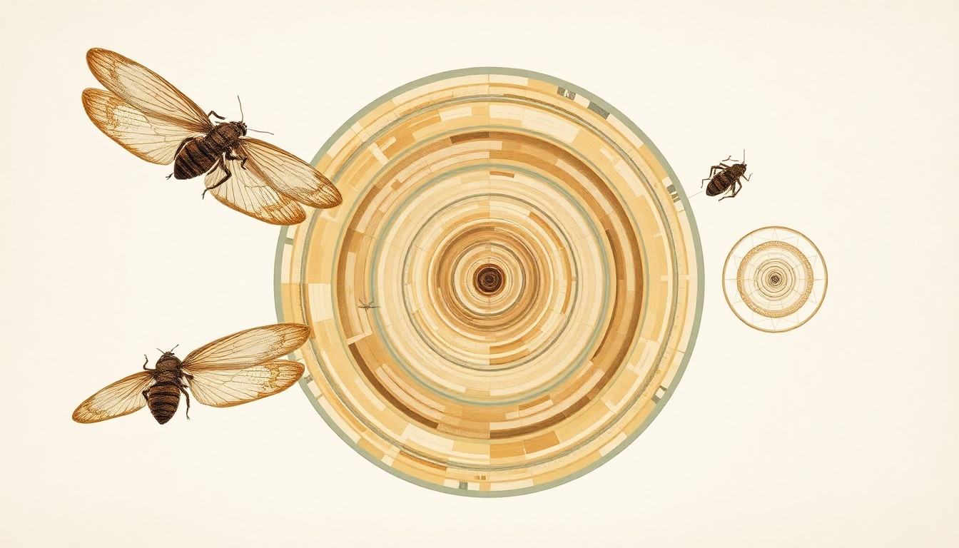 An abstract, textured painting in warm earth tones featuring sweeping geometric arcs, concentric circles, and botanical spirals, visually representing the complex life cycle and unpredictable timing of cicada emergences.