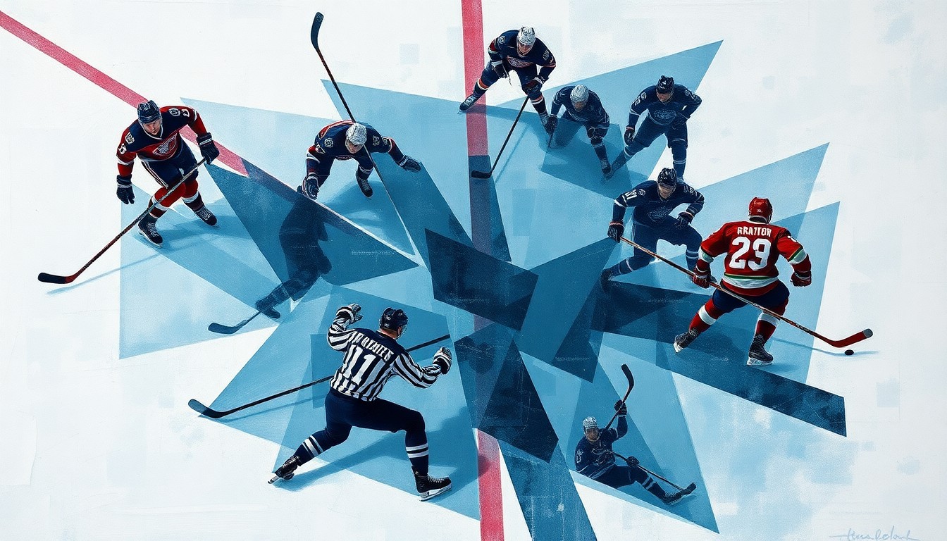 A cubist, geometric painting depicting the chaotic action of a hockey game, with players' bodies and the ice surface broken down into sharp, overlapping planes of color and shape.