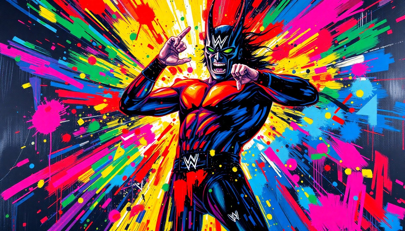 An abstract, expressionist painting in neon colors featuring a dramatic pyro blast and the blurred, dissolving figure of a wrestler, capturing the raw energy and supernatural elements of Danhausen's WWE debut.