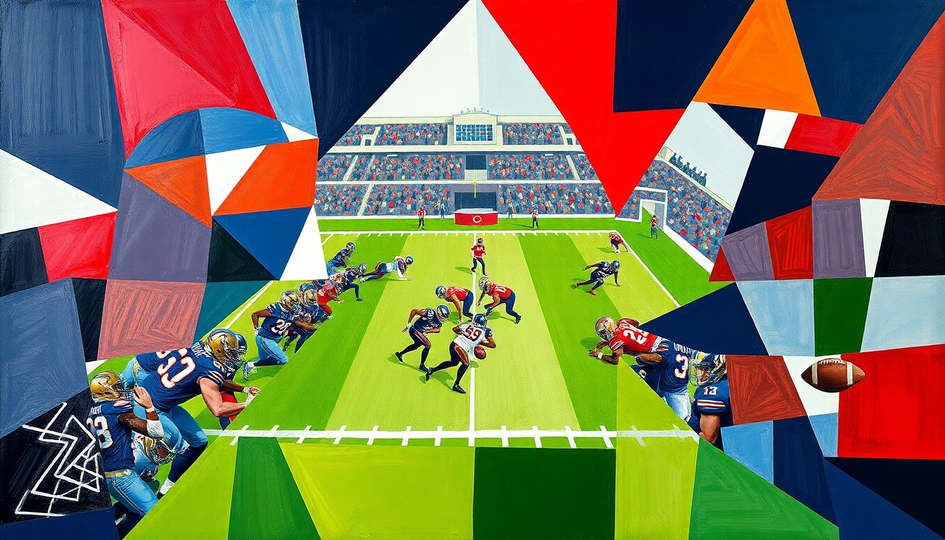 A cubist, geometric painting depicting a fragmented football practice or game, with sharp, overlapping planes in navy blue, red, and white, conceptually representing the dynamic nature of the Patriots' practice squad changes.
