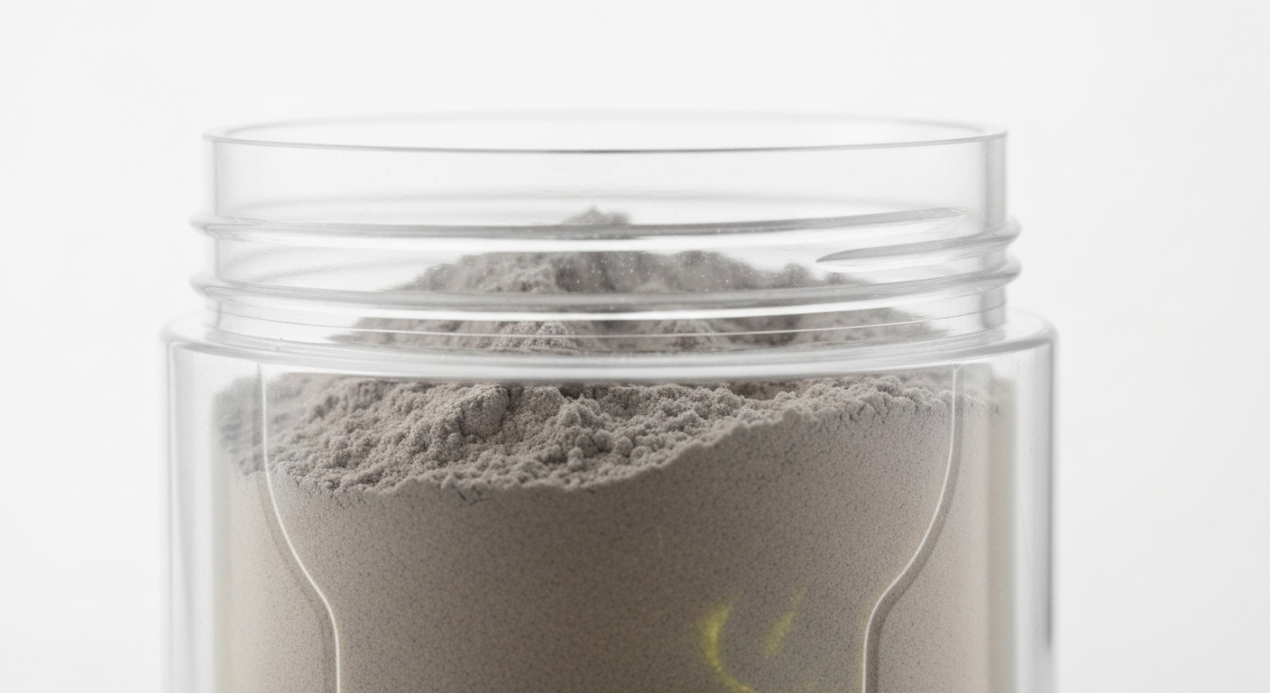 A ghostly, translucent X-ray photograph of a dietary supplement powder container, revealing its internal structure and texture in shades of grey.