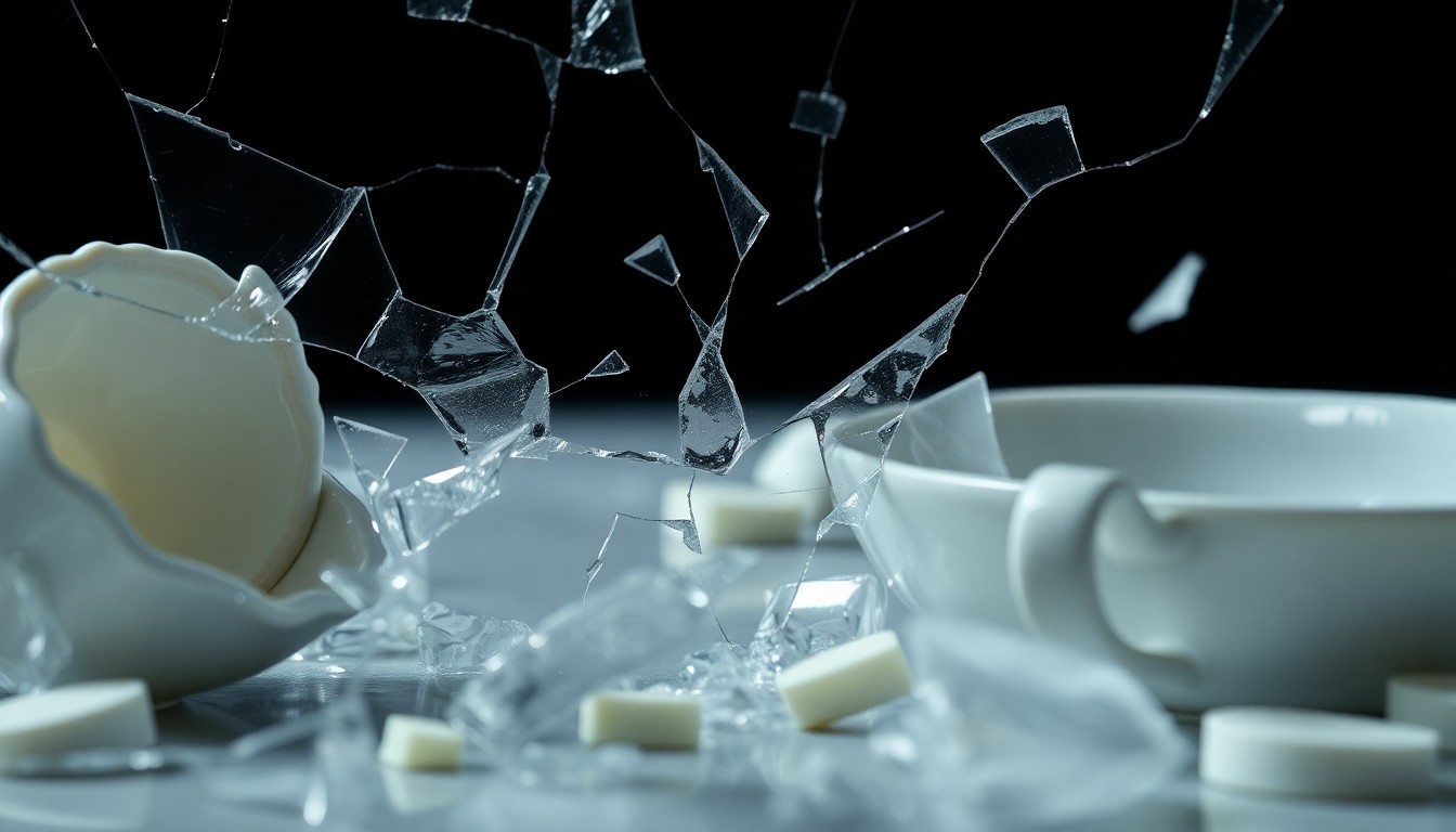 An extreme close-up photograph of shattered glass and cracked porcelain, capturing the fragility and volatility of the characters' emotional states on The Young and the Restless.