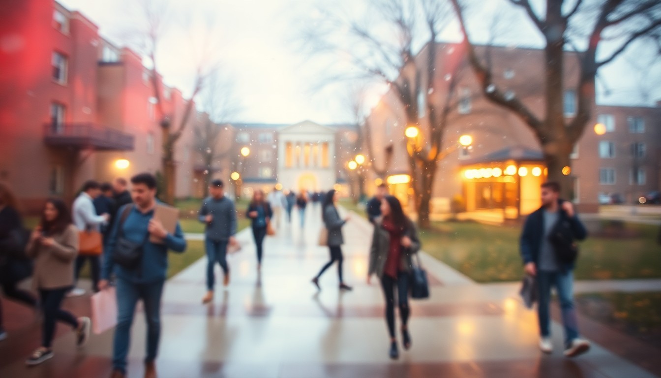 An impressionistic, out-of-focus scene of a college campus, with students moving through pools of soft, warm light, capturing the mood of a new president taking the helm and connecting with the community.