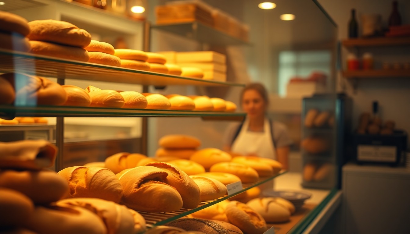 An abstract, out-of-focus photograph of a bakery display case filled with warm, inviting baked goods, conveying a sense of community and care.