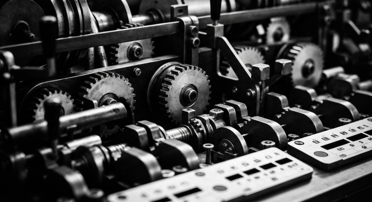 A high-contrast, cinematic close-up of intricate financial machinery and banking equipment, representing the inner workings and power of the insurance investment industry.