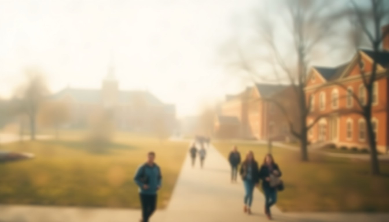 An impressionistic, out-of-focus photograph depicting a blurred, golden-hued scene of a university campus, with indistinct figures of students walking through the hazy landscape, conceptually representing the ambiguity and disconnect surrounding the university's new tagline.