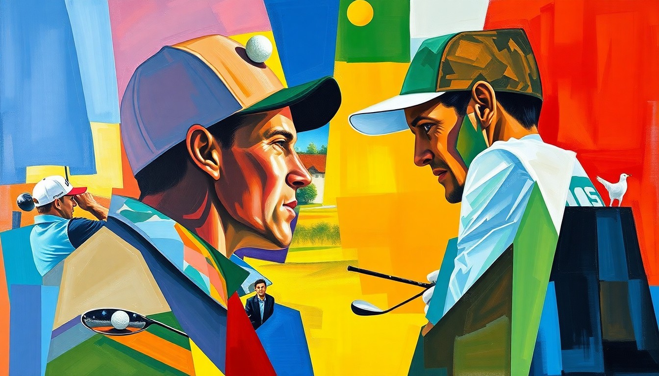 A cubist, geometric painting depicting a fractured, multi-perspective view of a golf tournament, with sharp, overlapping planes of vibrant colors representing the intensity and competitiveness of professional golf.