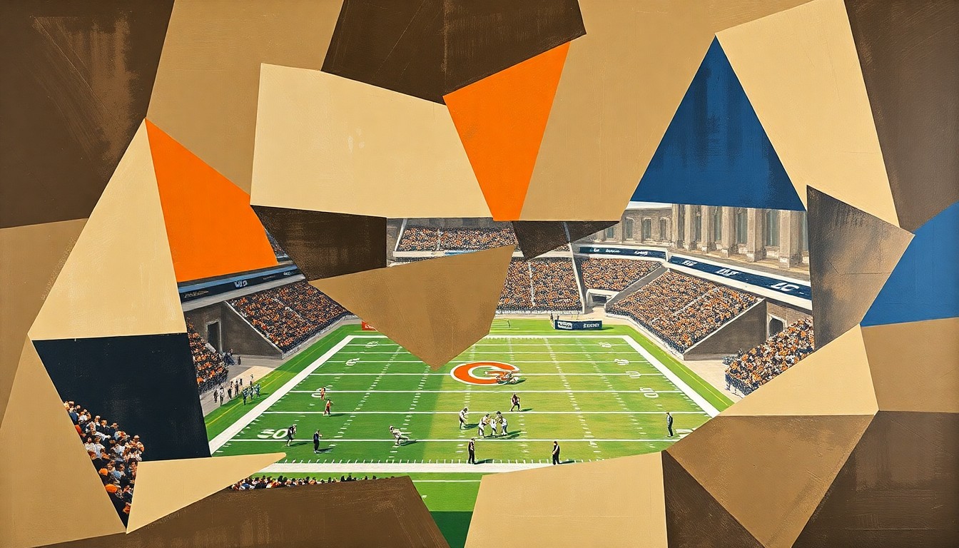 A fragmented, geometric painting in muted earth tones with pops of vibrant orange and blue, capturing the energy and intensity of a college football game through Picasso-esque abstraction.