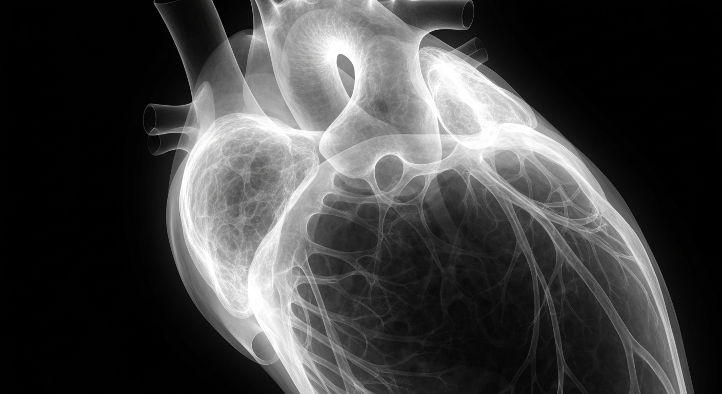 A ghostly, translucent X-ray photograph revealing the intricate internal structure of a human heart, glowing against a dark background, conceptually representing the life-giving power of organ donation.