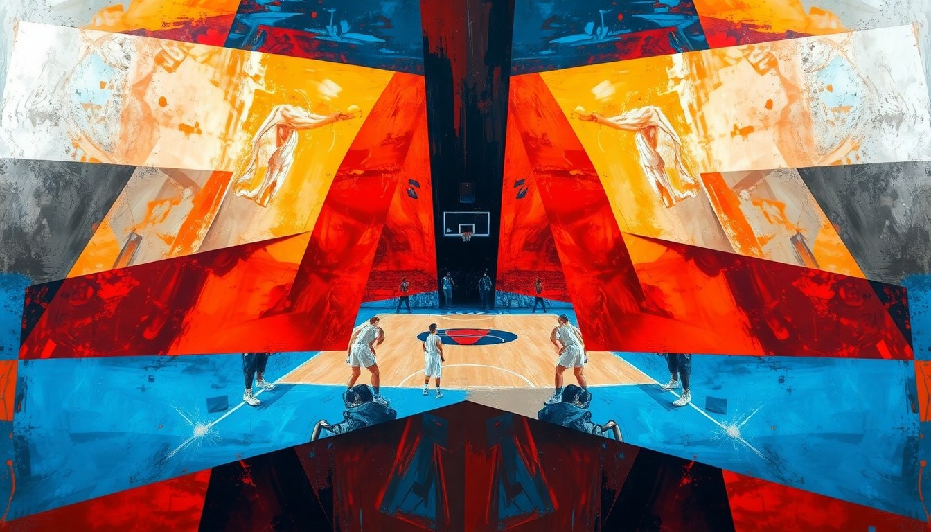 A fractured, cubist-style painting depicting the motion and energy of a WNBA basketball game, with players and the court broken down into sharp, overlapping geometric shapes and planes in a vibrant color palette.