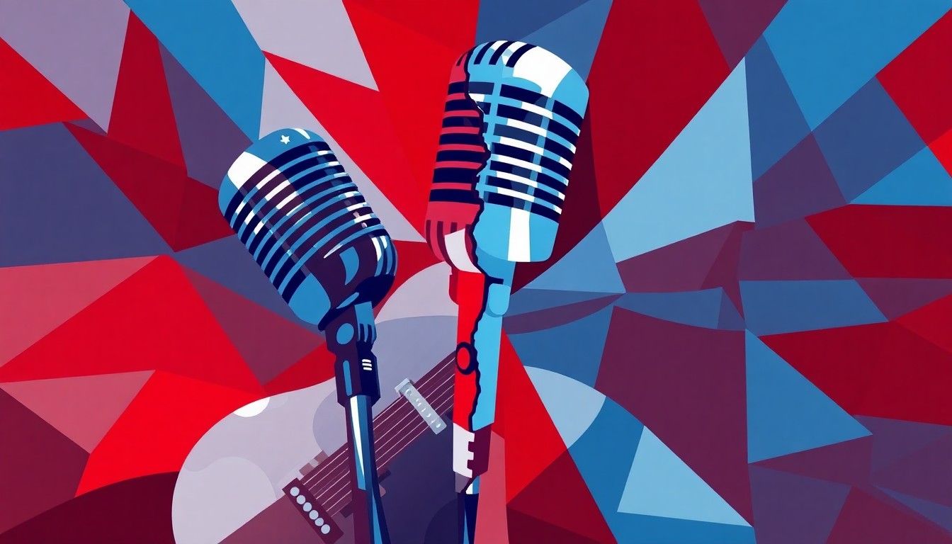A vibrant, fractured painting of a microphone and guitar in red, white, and blue, conveying the clash between the political and musical realms.