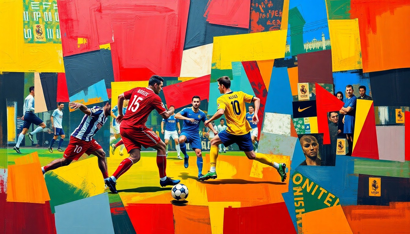 A cubist, geometric painting depicting a soccer player in motion, with sharp, overlapping planes of color representing the dynamic movements of the game.