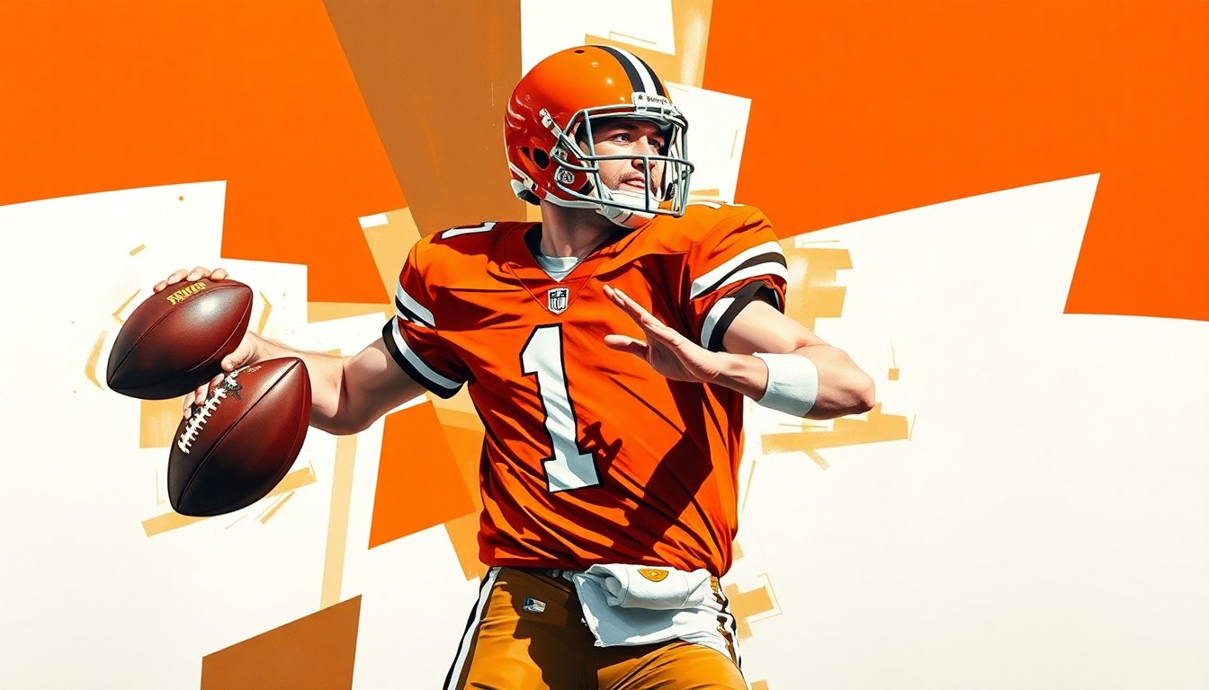 A cubist, geometric painting depicting a football quarterback in mid-throw, with the player's body and motion fractured into sharp, overlapping planes of orange, brown, and white colors.