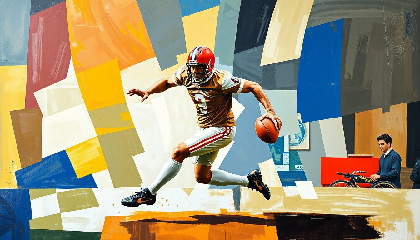A cubist-style painting depicting a football player in mid-action, with their body broken down into sharp, overlapping geometric shapes and planes, conveying the dynamic and multifaceted nature of roster management decisions in the NFL.