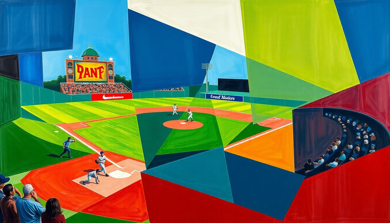 A cubist-style painting depicting a baseball infield broken down into overlapping geometric shapes and planes in a vibrant color palette, conceptually representing the Mariners' strategic approach to roster construction.