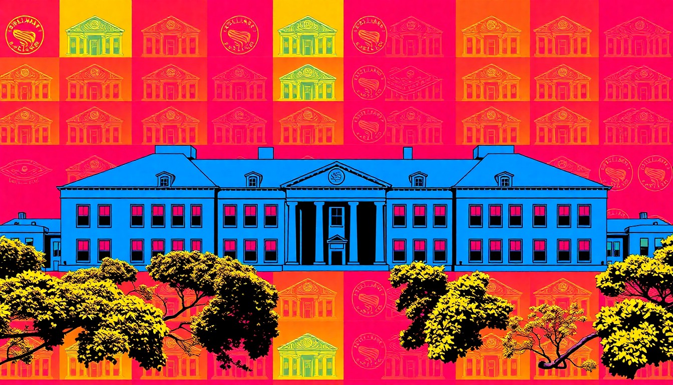 A brightly colored, high-contrast silkscreen print of a Spelman College campus building, repeated in a tight grid pattern with vibrant neon colors and heavy black outlines, conceptually representing the college's bold investment in its future.