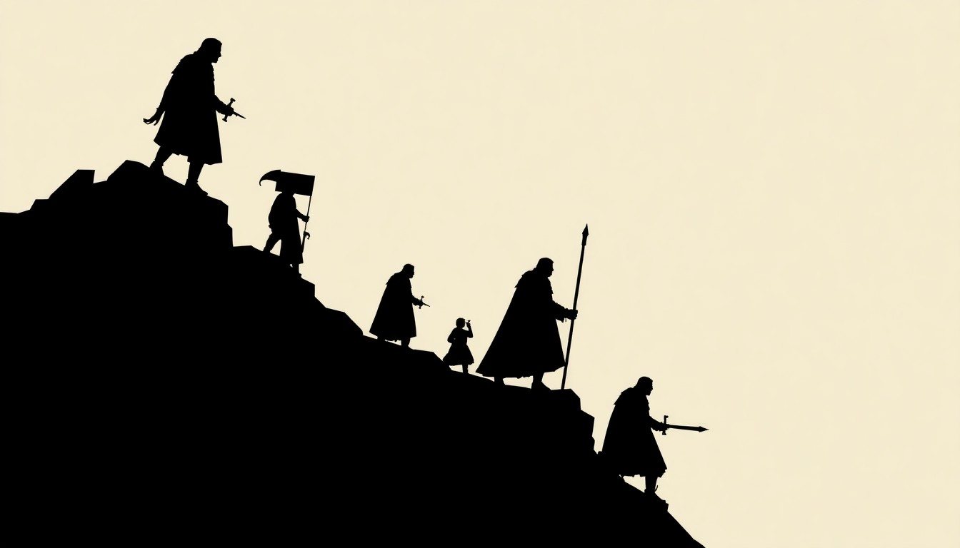 An abstract, minimalist illustration in the style of Saul Bass, featuring bold geometric shapes and silhouettes in high contrast to represent the themes of legacy, history, and the next generation in the new Lord of the Rings film Shadows of the Past.