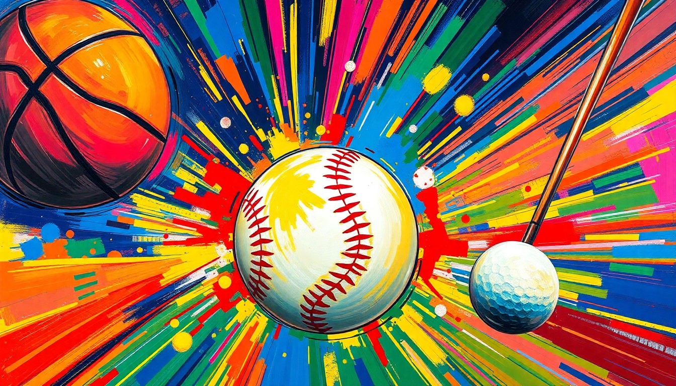 An abstract, energetic painting featuring bold brushstrokes in neon shades of orange, blue, and green, depicting a basketball, baseball, and golf ball in motion, capturing the excitement and intensity of sports betting.
