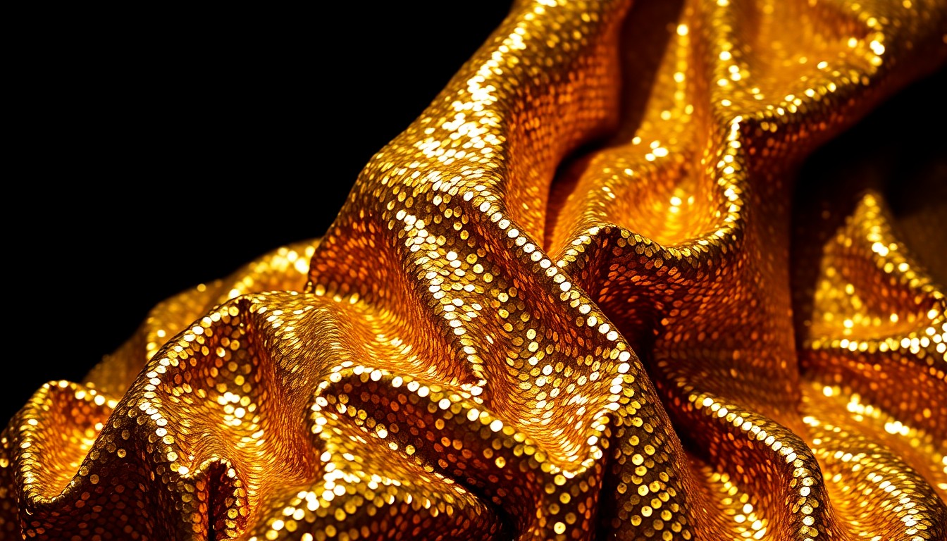 An abstract close-up photograph of shimmering gold sequins, capturing the high-contrast glamour and emotional rawness of stand-up comedy.