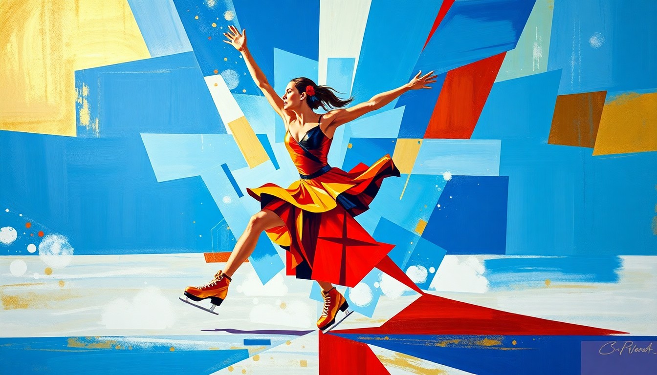 A cubist-style painting featuring sharp, overlapping geometric shapes in vibrant blues, reds, and golds, abstractly depicting the movements of a figure skater in motion.