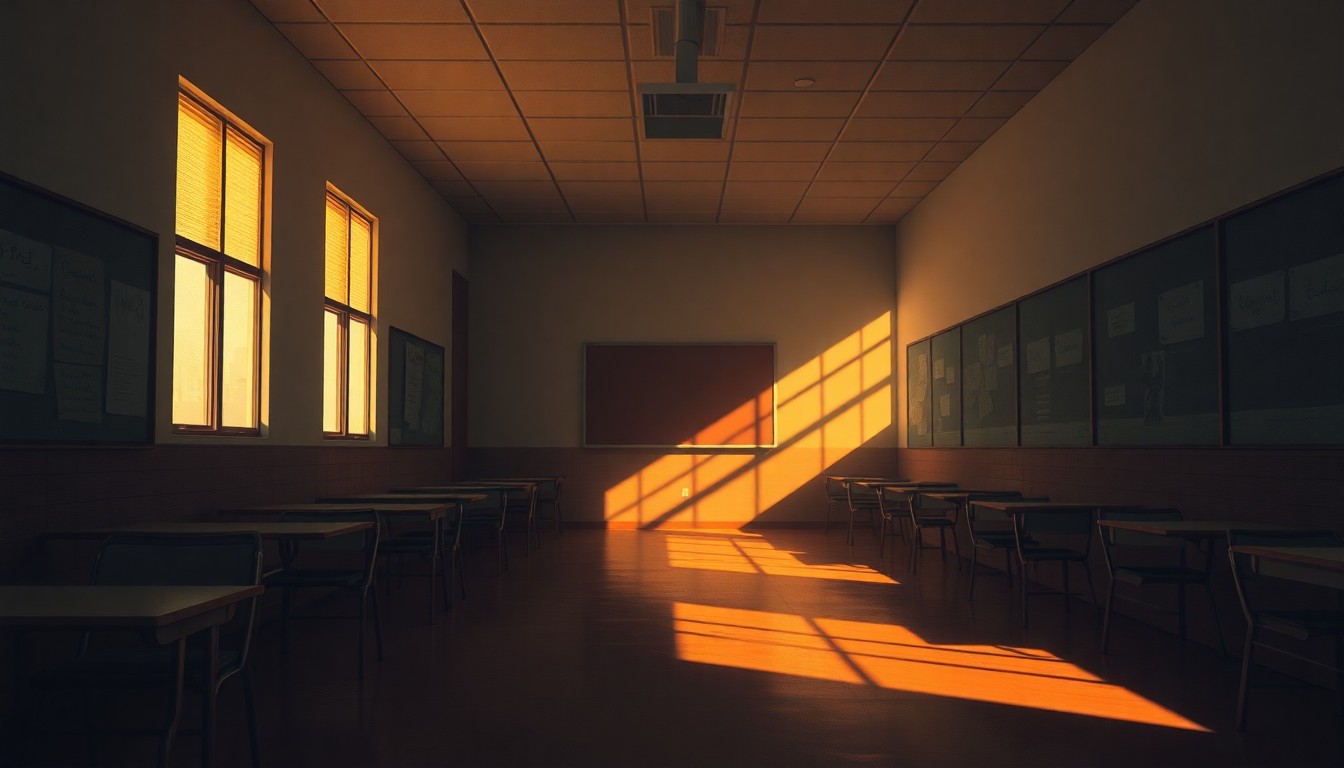A serene, cinematic painting of an empty school hallway, with warm sunlight streaming through the windows and deep shadows casting across the floor, conveying a sense of contemplation and the complexities of education funding.
