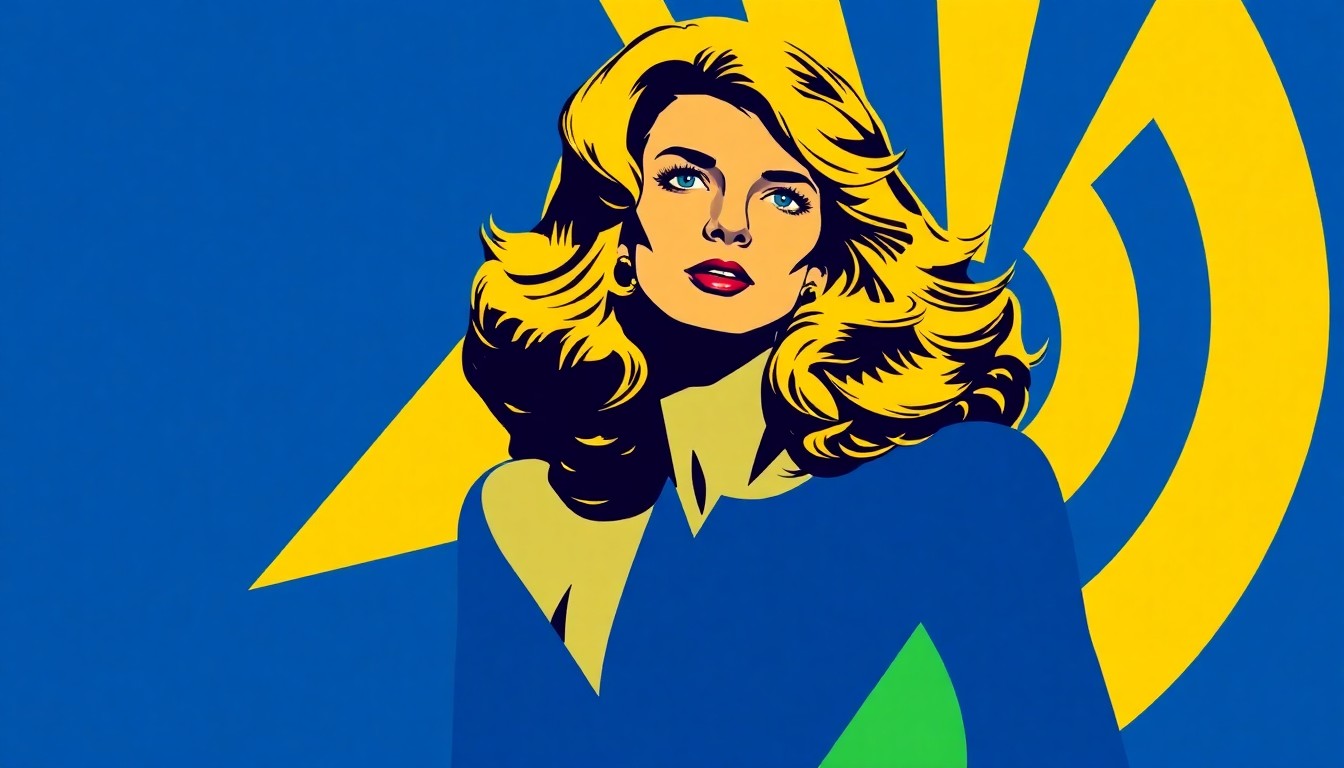 An abstract, geometric composition in shades of blue, green, and yellow, representing the transformation of Goldie Hawn from a high school student to a Hollywood icon through bold, jagged shapes and a minimalist, cut-out style.