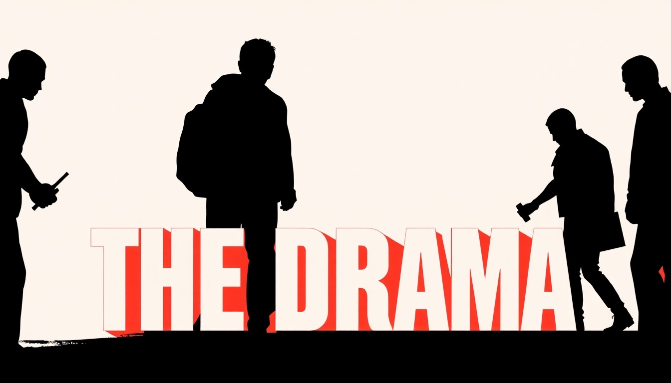 An abstract, minimalist illustration featuring bold, jagged geometric shapes in high-contrast red and white, conceptually representing the controversial film 'The Drama' and its sensitive subject matter.