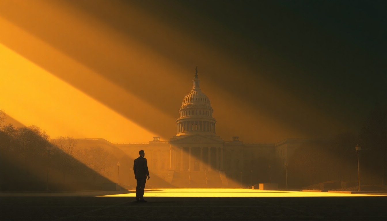 A serene, cinematic painting depicting a solitary government building or political figure in a warm, golden light, with deep shadows casting a pensive mood, capturing the essence of the trade policy tensions between the U.S. and Europe.